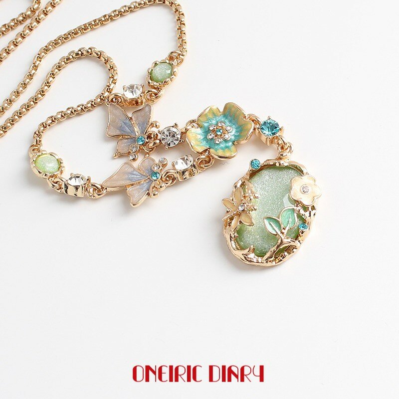 ONEIRIC DIARY New Butterfly Flower Fashion Pendant Glaze Green Stone Long Necklace Sweater Chain Female Jewelry