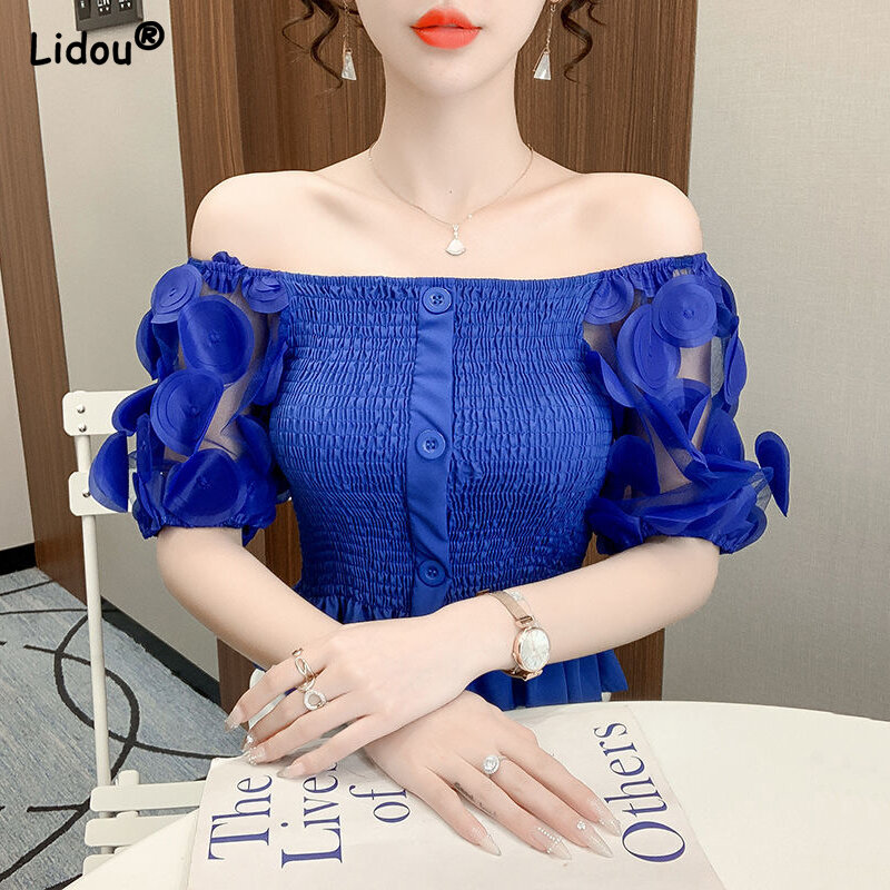 Niebieski z szerokim dekoltem, bez ramienia Sexy Solid Color rękaw z płatkami przycisk koszule na co dzień moda Slim lato cienka odzież damska 2022