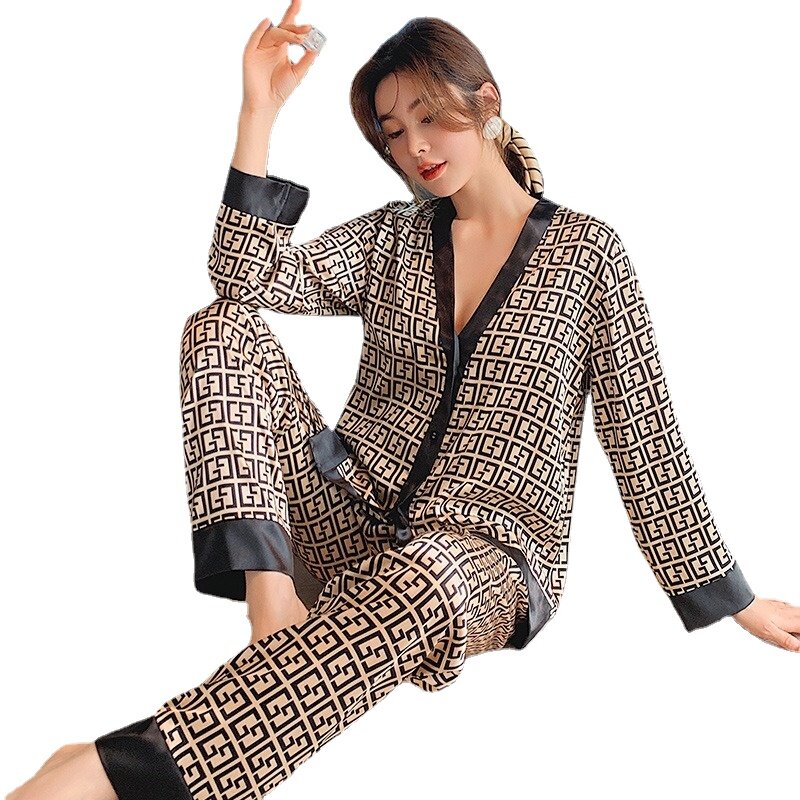 Pijamas de seda das mulheres calças de manga comprida duas peças pijamas de seda gelo moda senhoras soltas casuais de luxo homewear