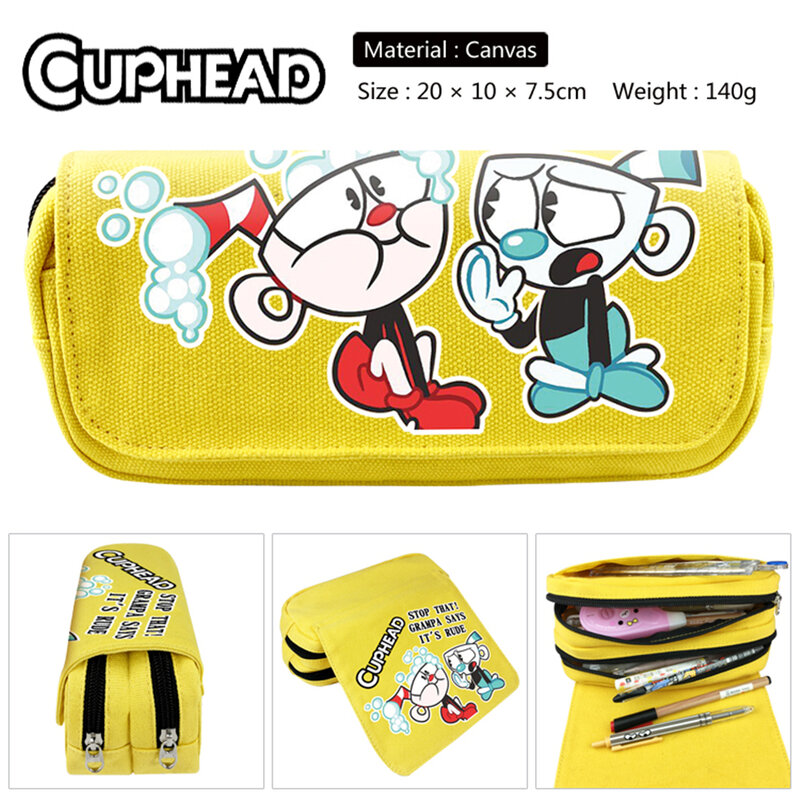 Cuphead-estuche de lona con estampado de dibujos animados para estudiantes, bolsa de lápices con cremallera, bolsa de maquillaje informal, bolsa de cosméticos, bolsas de papelería Unisex