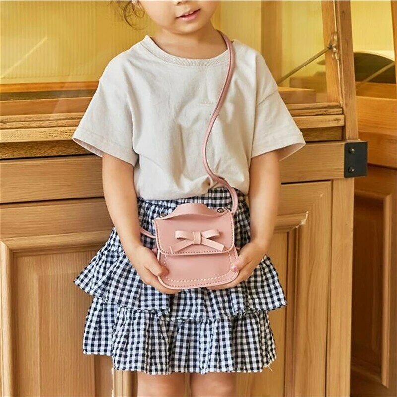 Детская маленькая квадратная сумка-мессенджер с бантом, модная Милая портативная Сумочка на плечо из искусственной кожи для маленькой девочки
