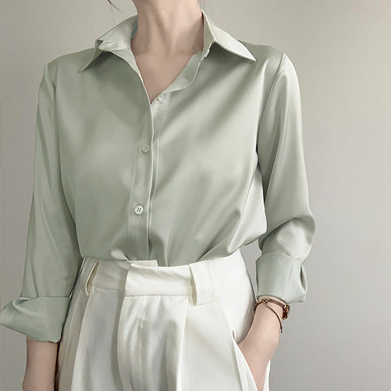 Grün Satin Button Up Hemd Herbst Sinn Für Mode von Luxus Einfarbig Shirts für Frauen Langarm Alle-spiel elegante Kleidung