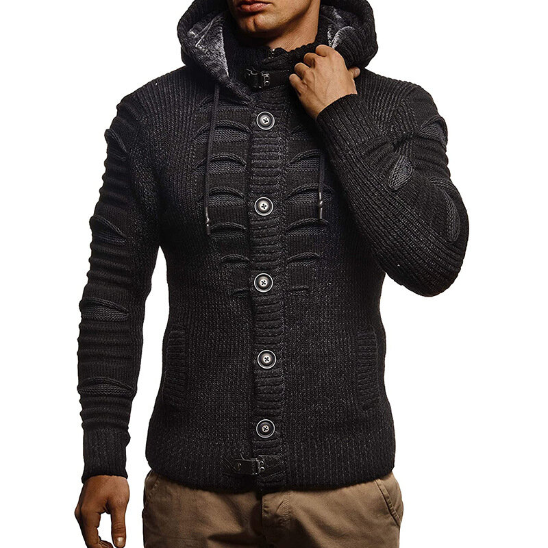 Cárdigan Vintage informal para hombre, suéter de gran tamaño, de un solo pecho, Color sólido, tejido con capucha, moda de invierno