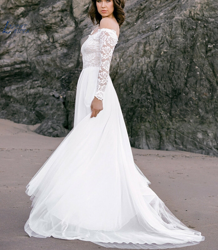 Dài Tay Áo A-Line Lace Wedding Dress Strapless Sweep Train Bohemian Off-Vai Dài Tay Áo Mở Lại Bridal Gown