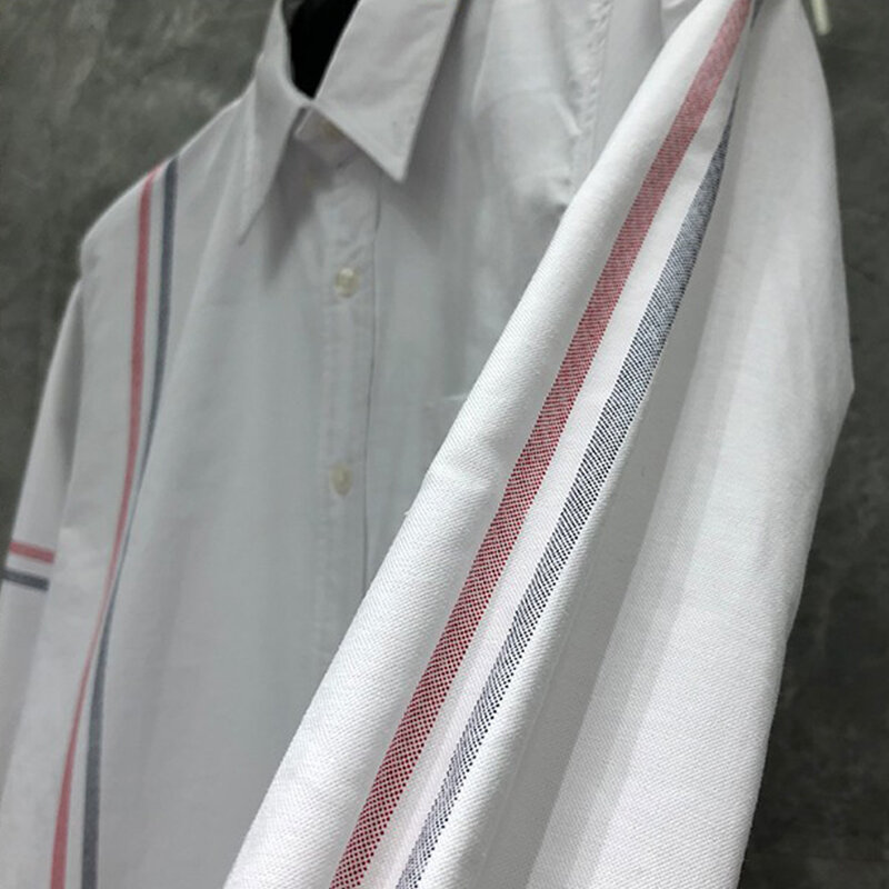TB THOM Shirts Men Long Sleeve Casual Shirt Turn Down Collar Oxford Splice Striped White Men's Clothing High Quality Shirts