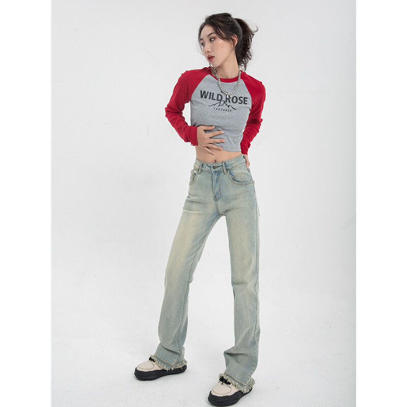 Mùa Thu Phụ Nữ Mới Đáy Vintage Xanh Nhạt Khoác Jeans Cao Cấp Thẳng Quần Ống Rộng Dạo Phố Cao Cấp Tua Rua Denim Quần