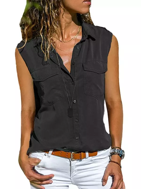Blusas de algodão 2022 outono sem mangas sólido com decote em v blusa de escritório feminino trabalho feminino botão para cima camisa plus size 8xl