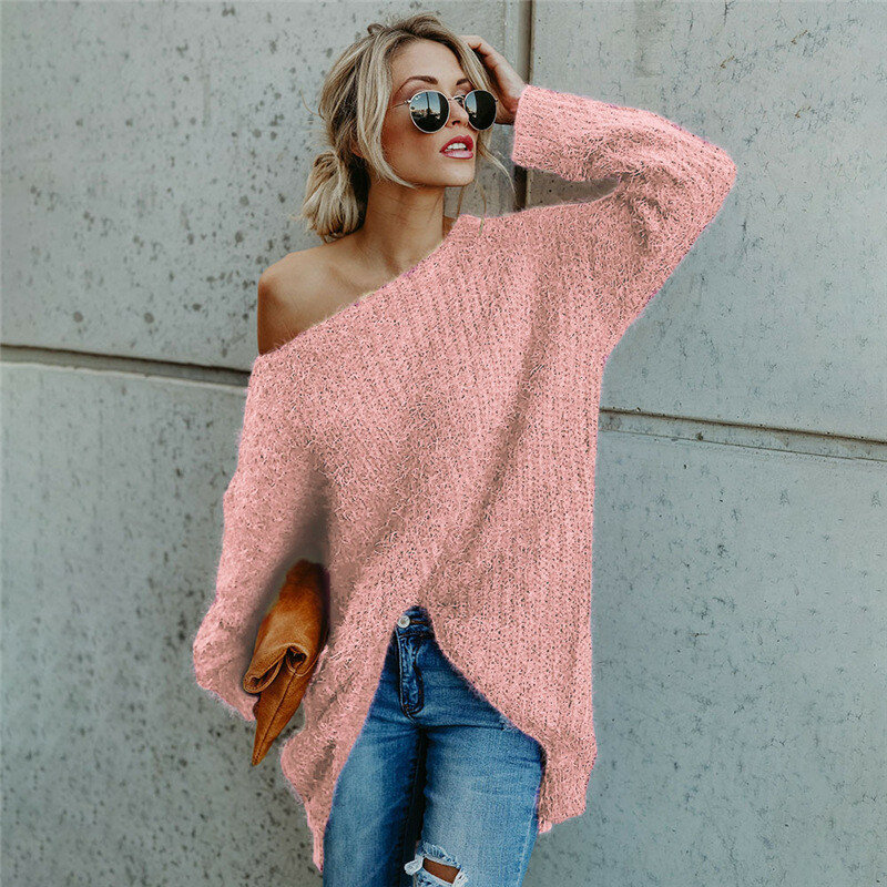 여성 2022 가을 겨울 따뜻한 솔리드 니트 스웨터 캐주얼 패션 v 넥 긴 소매 느슨한 패치 워크 풀오버 여성 스웨터