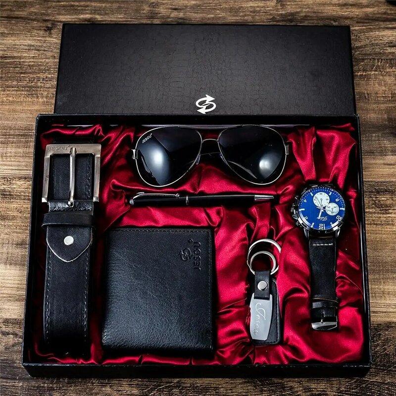 Conjunto de regalo de 6 piezas para hombre, exquisito reloj empaquetado, BILLETERA, gafas de sol, cinturón de cuero, llavero, bolígrafo, regalos de negocios para hombre