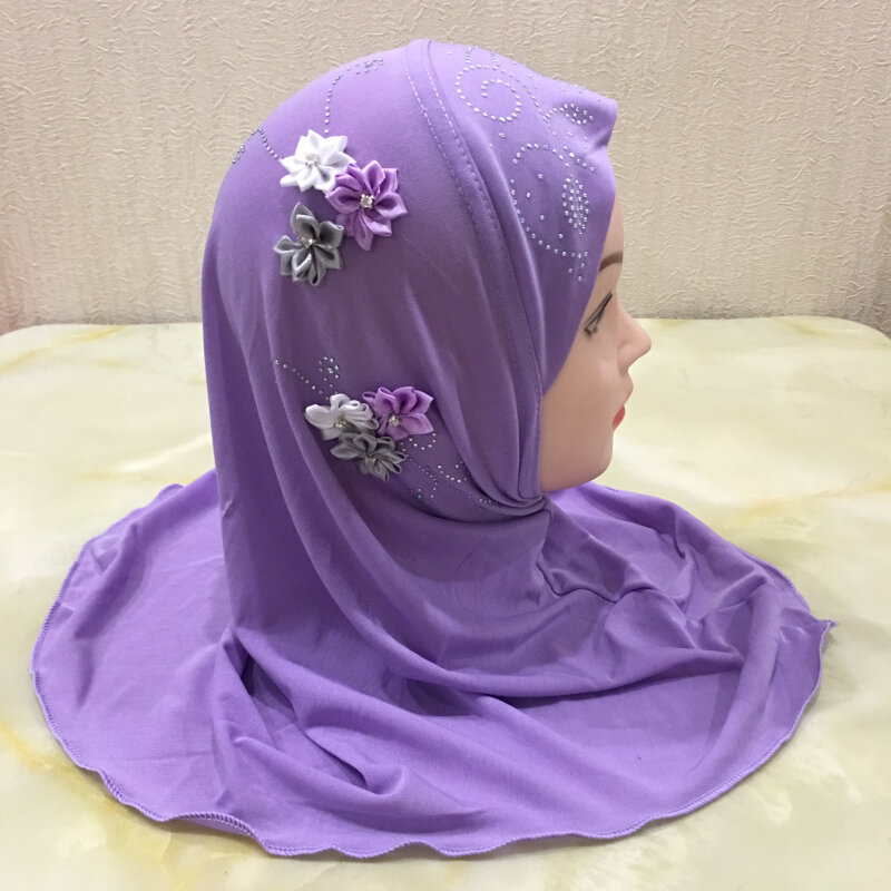 H059 bela pequena menina amira hijab com flores caber 2-6 anos de idade crianças puxar em lenço islâmico cabeça envoltório headbands