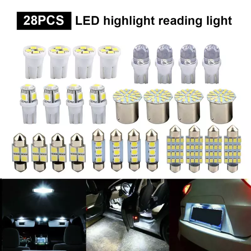 28 sztuk 6000K 10W Auto LED do wnętrza samochodu światło Dome tablicy rejestracyjnej mieszane lampy żarówki do wewnętrznych Lamp samochodowych Trunk lampy żarówki parkingowe zestaw