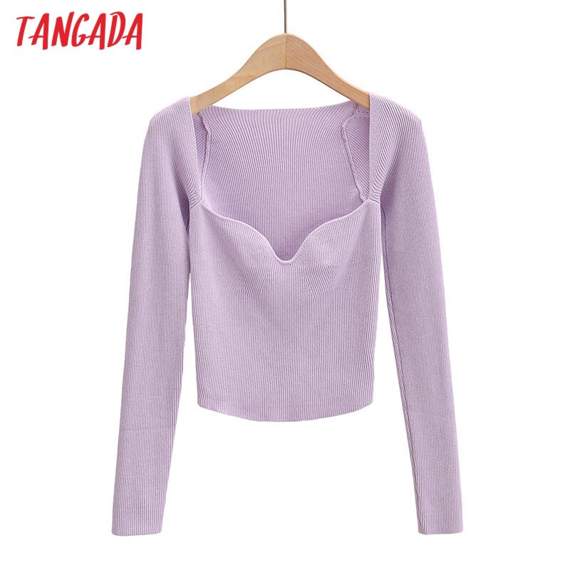Tangada 2020 autumn women solid thin sweater long sleeve elegant office lady knitted jumper tops 4P2
