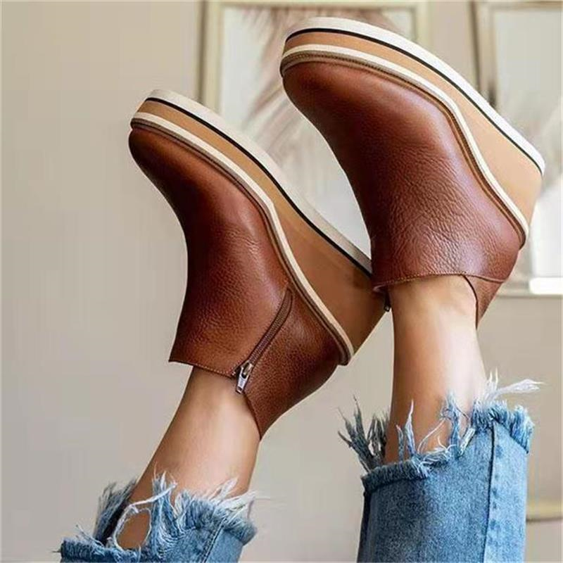 2022 moda feminina botas curtas dedo do pé redondo alto plataforma cunhas retro botas de couro macio zíper botas confortáveis para mulher