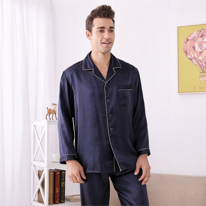 Männer 100% Echt Silk Pyjamas Set Für Männer Nachtwäsche Loungewear Langarm Nachtwäsche Nachthemd