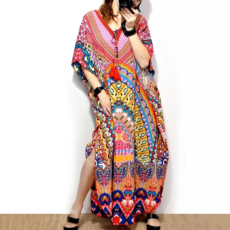 2022 марокканский кафтан, богемное летнее платье с принтом, длинная туника, женская пляжная одежда большого размера, купальный костюм, накидк...