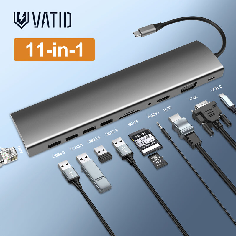 Vatid-USB cハブ,11-in-1ドッキングステーション,デュアル4k hdmi 3 usb 3.0ポート,100w pd充電rj45イーサネットアダプタースプリッター