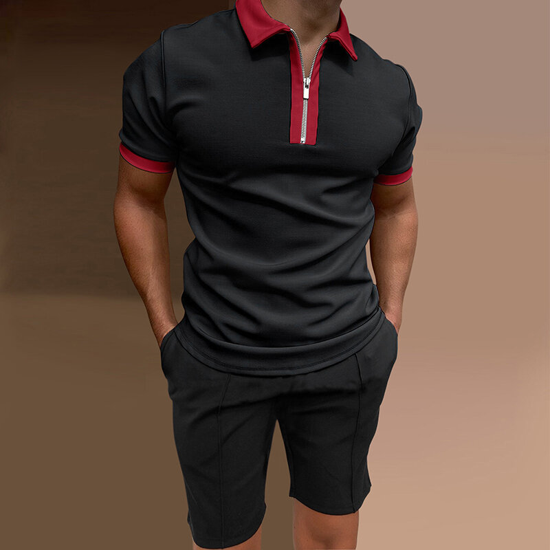 Men's Solid Color Polo Suit Fashion Men's Streetwear V-Neck Short Sleeve Shirt and Shorts Two Piece Men's Casual Suit