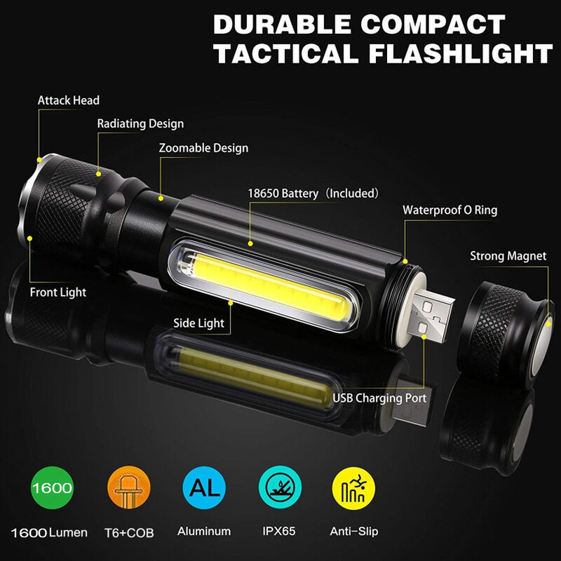 Lampe de poche LED à batterie intégrée, Rechargeable par USB, torche COB T6, Zoom, 5 Modes, Flash, Attraction magnétique, étanche, pour l'extérieur