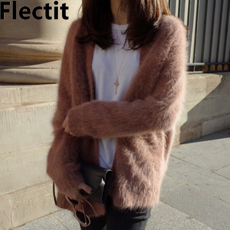 Flectit Fuzzy moherowy sweter otwarty ścieg dzianinowy sweter damski wiosna jesień koreański strój mody