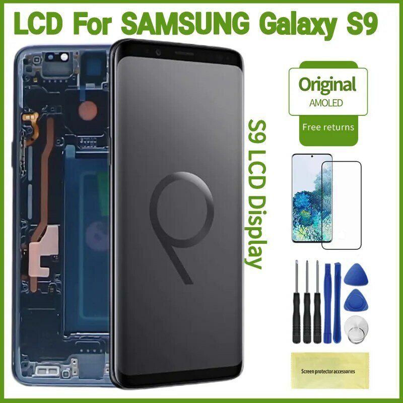 Layar LCD S9 asli untuk Samsung Galaxy S9, pengganti Digitizer layar sentuh 5.8 inci G960 G960F G9600 G960F/DS dengan bingkai