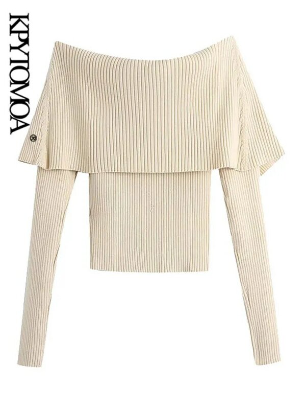 KPYTOMOA Women  Fashion With Exposed Shoulders Fitted Knitted Sweater Vintage V Neck Long Sleeve Female Pullovers Chic Tops