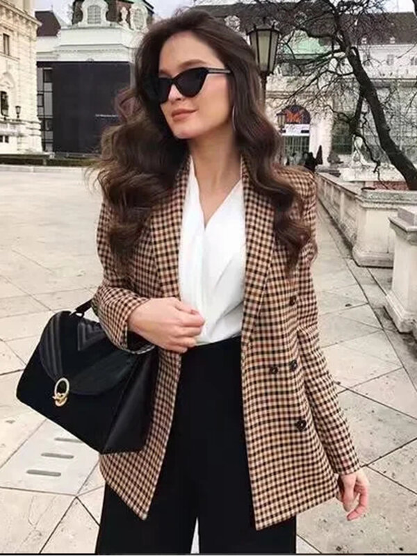 Blazer xadrez fino e jaquetas femininas, blazer trespassado duplo, terno de senhora do escritório, casaco de negócios, moda feminina, trabalho, outono