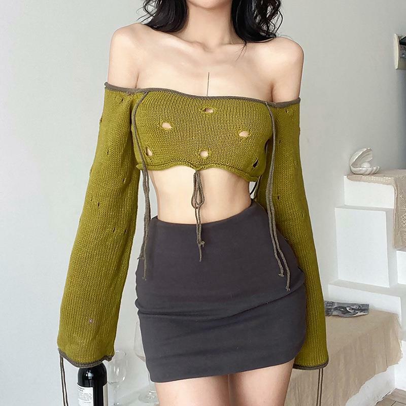 Осень 2022, модная новинка, Женская облегающая укороченная Трикотажная футболка с длинными рукавами и лямками на одно плечо