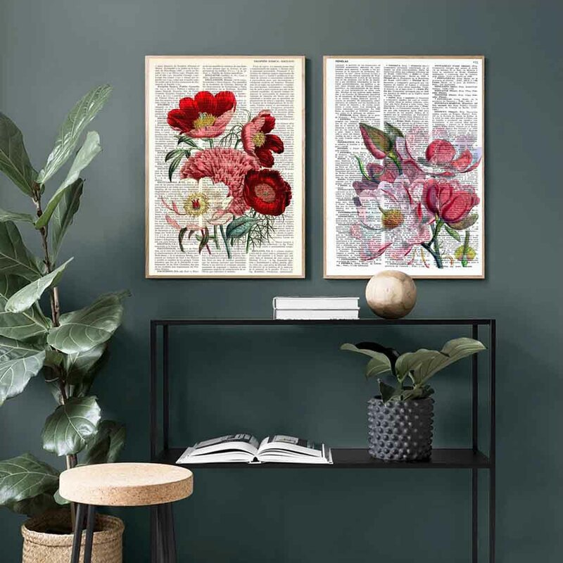 Retro arte planta pintura da lona flores em livros poster arte da parede do escritório pintura da parede sala de estar decoração casa mural