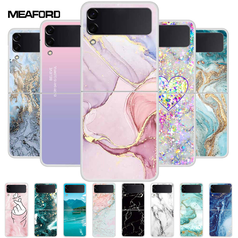 For Samsung Z Flip4 Cases Marble Clear Fold Hard PC Cover For Samsung Galaxy Z Flip 4 Case Foldable Coque Tansparent Capa Fundas