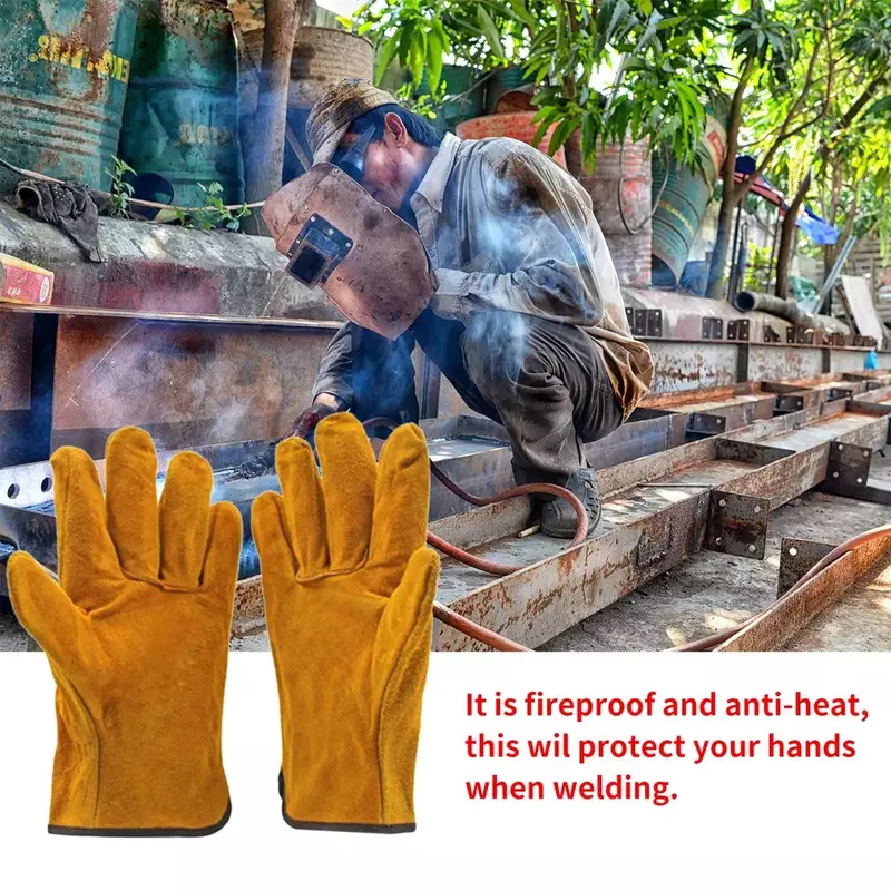 Um par/conjunto à prova de fogo durável luvas de soldador de couro de vaca amarela anti-calor luvas de segurança de trabalho para ferramentas de mão de metal de soldagem