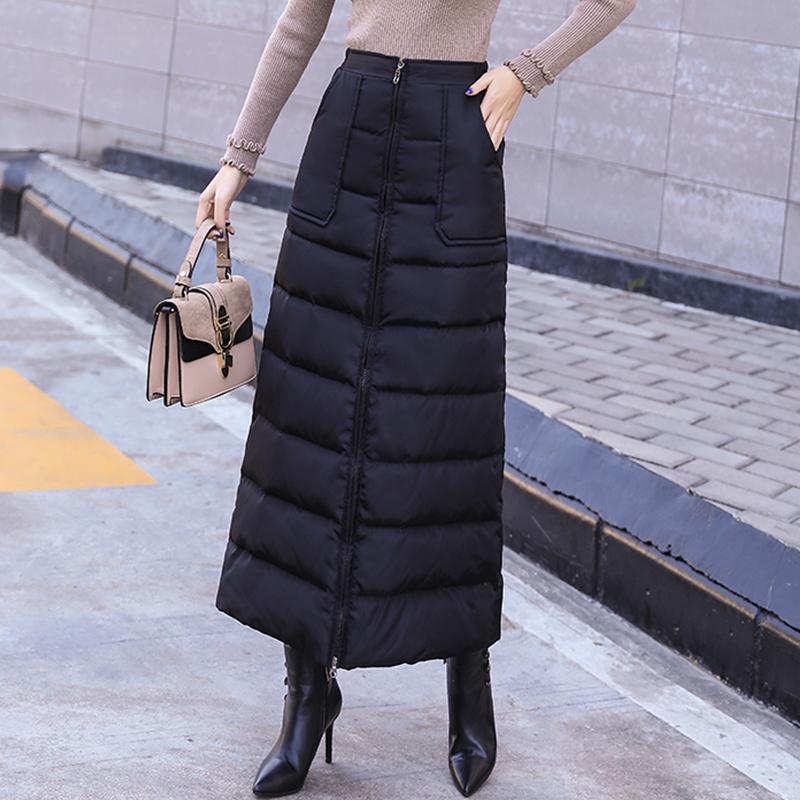 HI-FASHION Women Skirts Fashion Autumn Winter Mid-Long Skirt New Windproof Warm Zipper Down Cotton Skirt Black Skirts