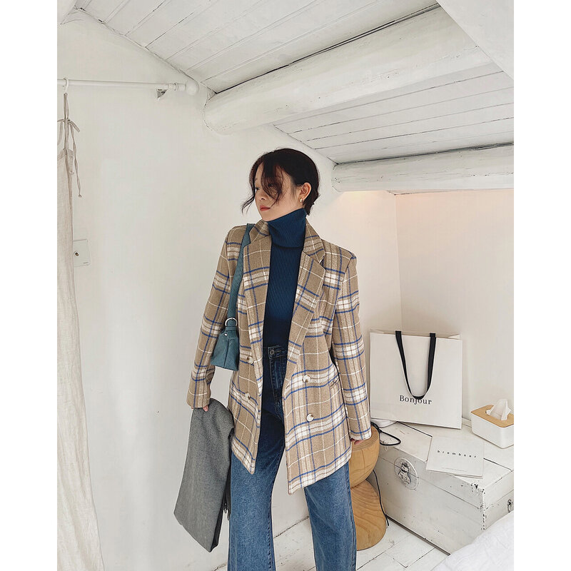 2022 mulheres inverno xadrez casacos de lã tweed trench coats blazers capas de chuva za oem coreano moda roupas casaco elegante y2k