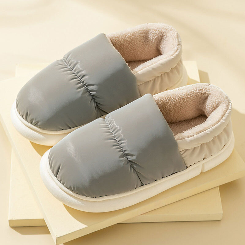 Winter House Warm Men Fur Slippers Waterproof Upper Slip-On Couples Household Warm Plush Shoes Home Eva Sole Men Fluffy Slides