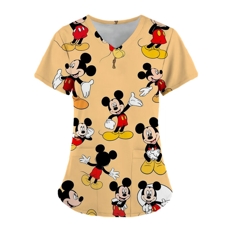Women's Mickey T-shirt Nurse T-shirt Summer V-neck Top Disney Top Women's 2023 Pocket Minnie Mouse Nurse Care Uniform T-shirt