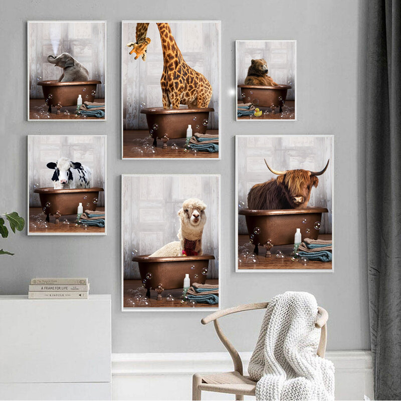 욕실에 동물 캔버스 그림 사랑스러운 알파카 코끼리 암소 기린 화장실 벽 아트 포스터 홈 인테리어 벽화