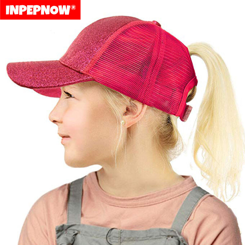 Gorra de béisbol con cola de caballo de lentejuelas para niños, gorros de algodón con malla occidental, Snapback deportivo, sombrero de camionero, 3-10 años