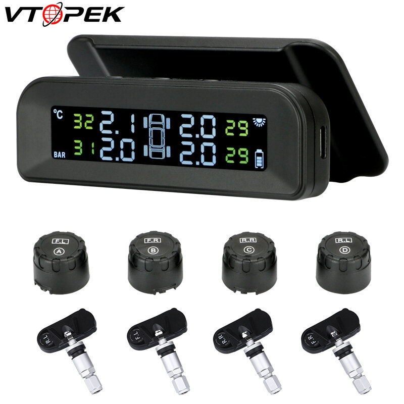 Jansite TPMS Car Tire Pressure Monitor System Multi-angle Adjustable Attached To Glass Wireless Solar Power Tpms with 4 Sensors