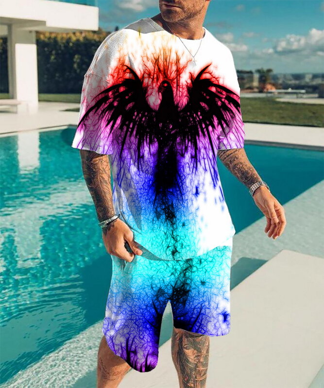 Moda masculina de verão camiseta + shorts de duas peças moda tendência roupas esportivas 3d impressão terno masculino streetwear