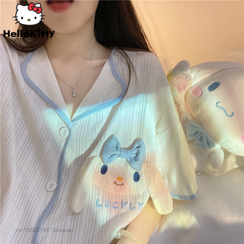 Sanrio Cinnamoroll vestiti donna 2 pezzi Set Cardigan top pantaloncini camicia da notte estiva Y2k pigiama vestito nuovo coreano femminile pigiameria