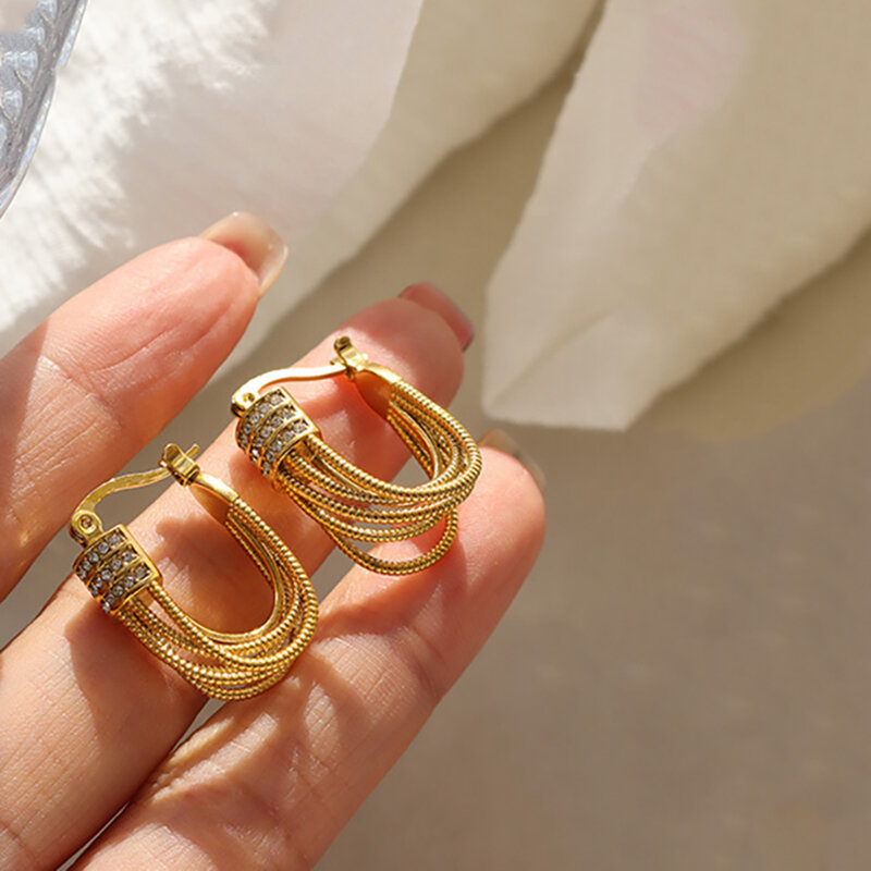 Chic French INS Zircon U Anting-Anting Hoop Antik untuk Wanita Pertunangan Baja Titanium Perhiasan Hadiah Kantor/Karir Grosir