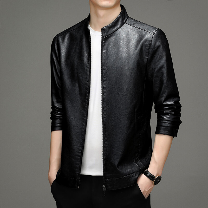 Spring and autumn Haining men's leather clothes thin middle-aged and young people's stand collar leather jacket casual coat