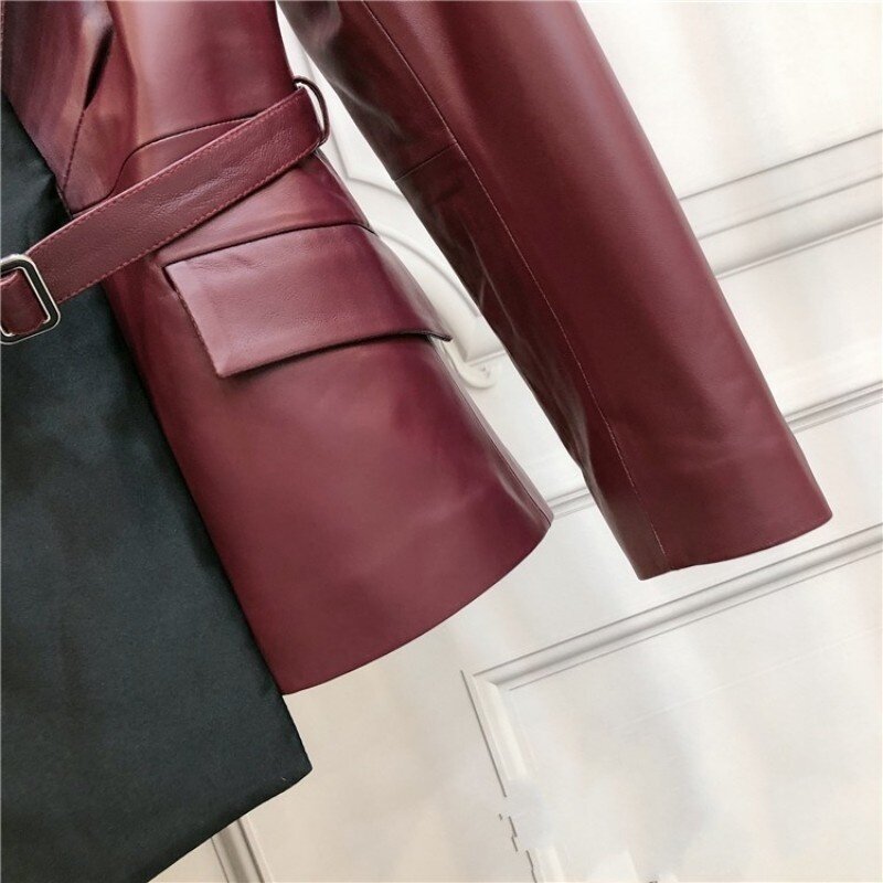 Jaqueta de couro genuíno das senhoras do escritório cinto vermelho vinho terno jaquetas splice assimétrico curto outerwear feminino casaco de pele carneiro