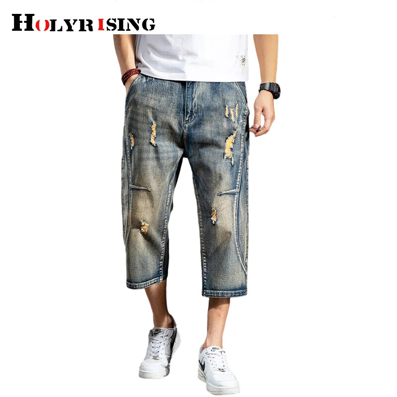 Calções de brim para homem vintage pantalones hombre buraco verão calças jeans baggy tamanho 28-44 elegante calça masculina fina streetwear nz060
