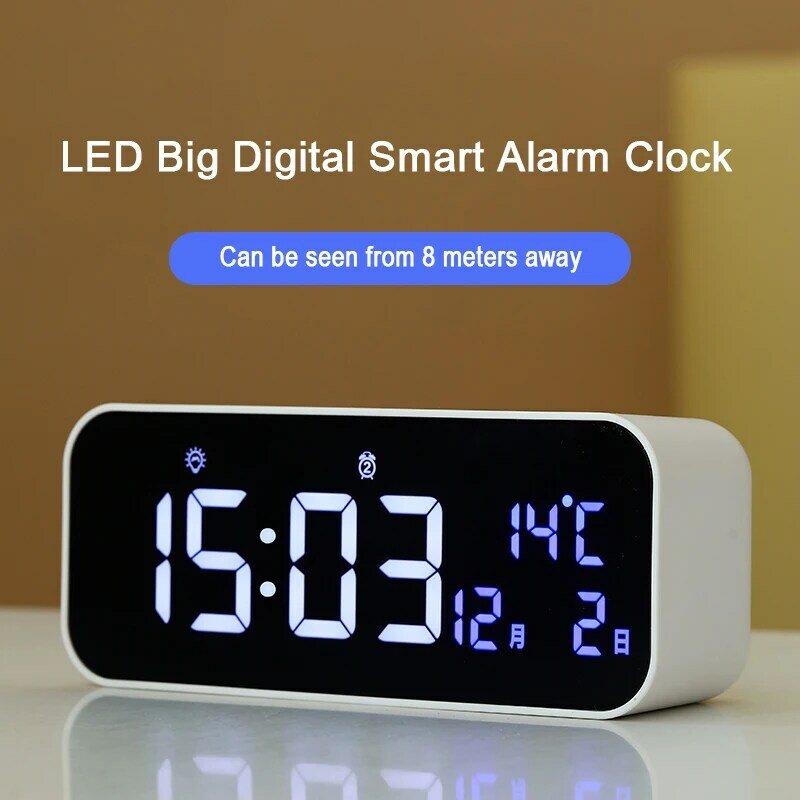 TIMESS 2022ไร้สายกระจกนาฬิกาปลุก LED ควบคุมเสียงอุณหภูมิความชื้นเลื่อน USB แบบชาร์จไฟได้ตารางนาฬิกา