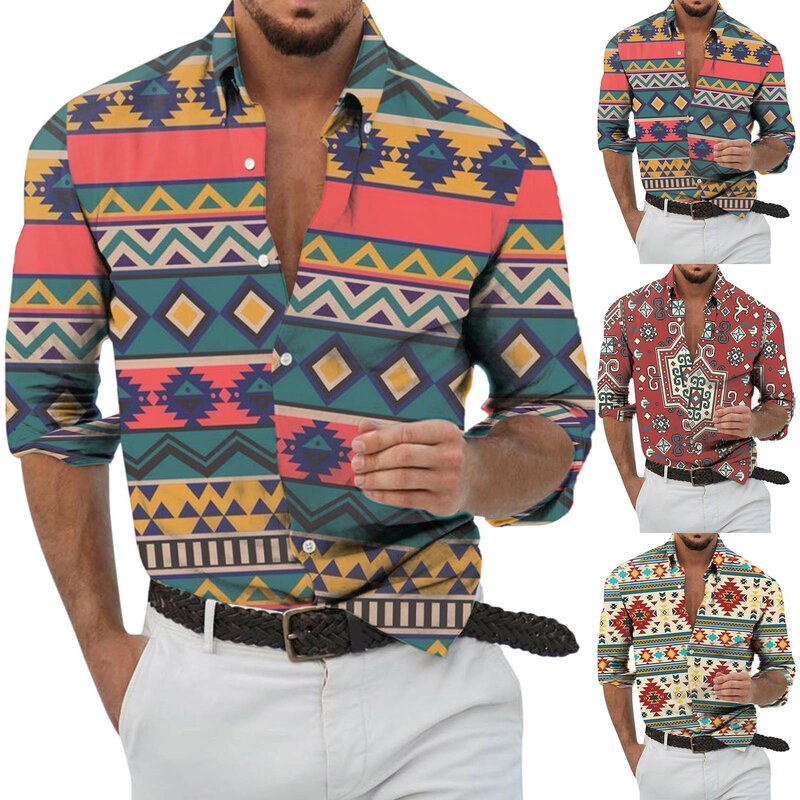 Men Fashion Casual Fashionable Azik Print 3D Digital Workout Shirt Long Sleeve Men Utility Short Lightweight Shirt for Men