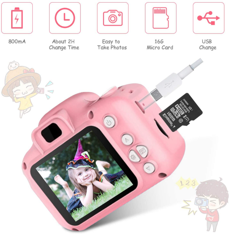 어린이 디지털 카메라 장난감, 유아 카메라, 미니 만화 충전식 장난감 카메라, 충격 방지 8MP HD 키즈 토이 캠코더, 3-8 세