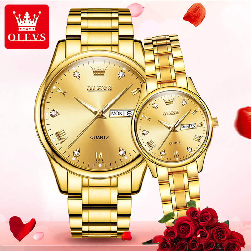 OLEVS-Reloj de pulsera con correa de acero inoxidable para pareja, cronógrafo de cuarzo, resistente al agua, dorado, con incrustación de diamante, luminoso