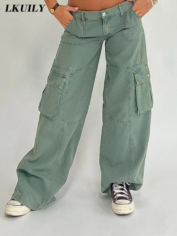 Cargo spodnie moda damska Famale odzież Casual spodnie kieszeń średnio wysoka talia Y2K Streetwear solidna estetyka workowate spodnie z szerokimi nogawkami