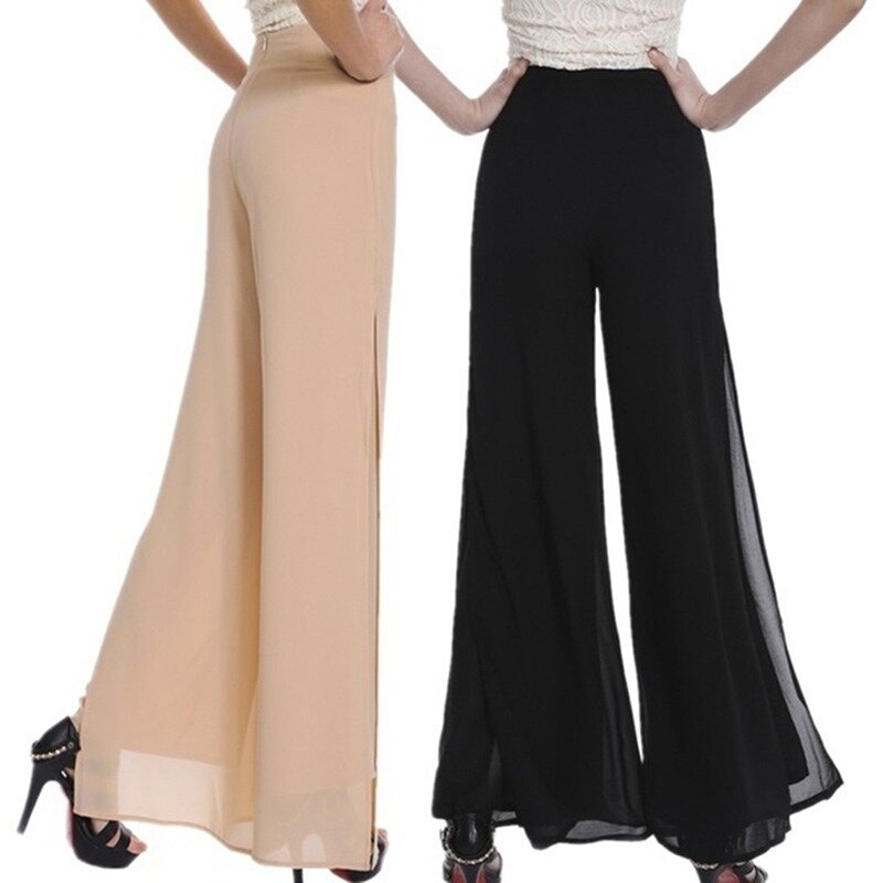 Pantalones de pierna ancha para mujer, pantalón de gasa con dos capas de cintura alta, holgado, negro, elegante, gran oferta, Verano