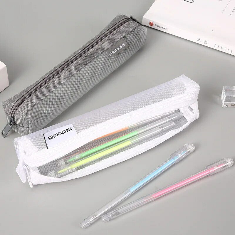 Sac à crayons transparent pour examen étudiant, étui à stylo en maille de nylon dédié, poudres de grande capacité, fournitures scolaires, unisexe